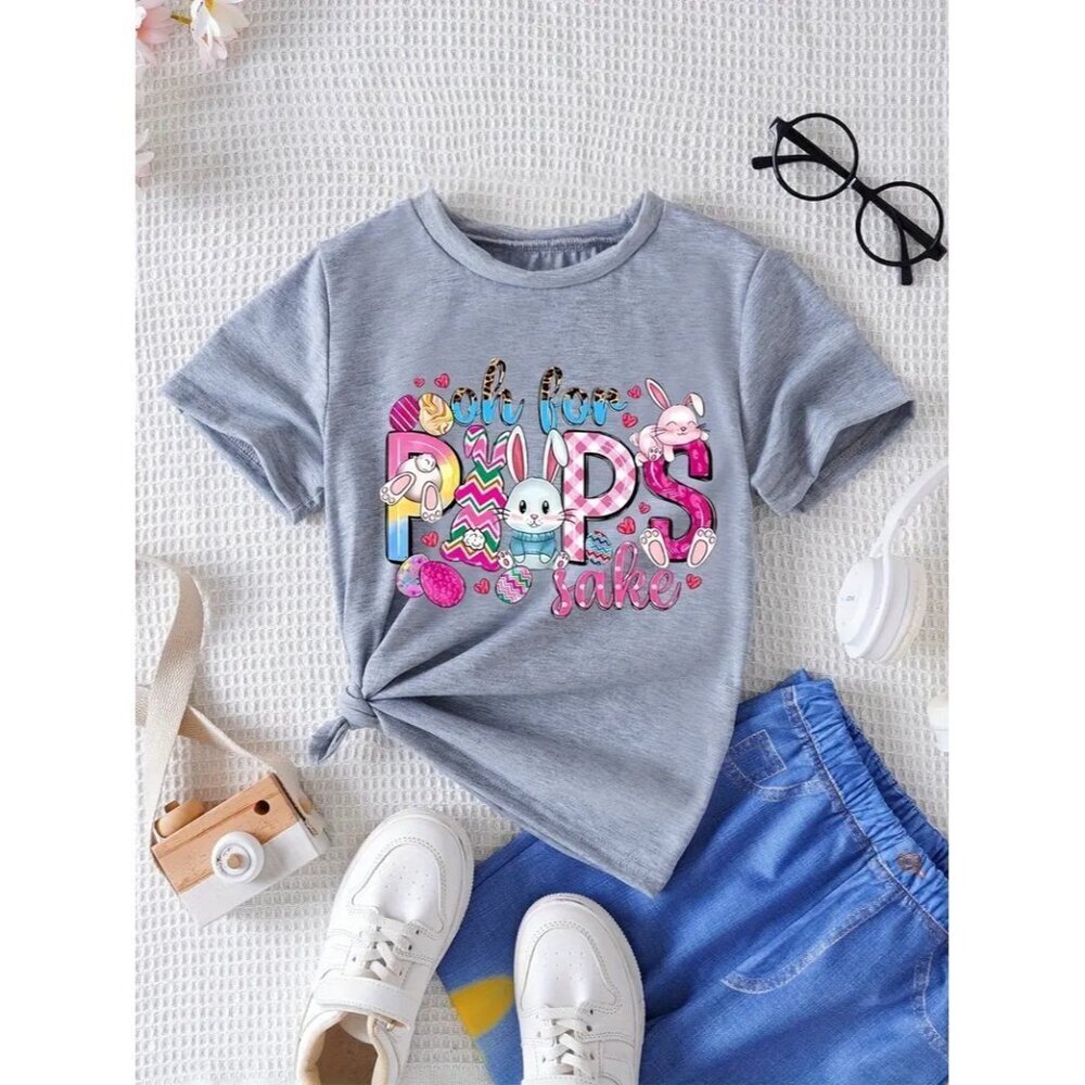 Oh For Peeps Sake Easter Bunny Graphic Tee Gray Short Sleeve Casual Top Womens